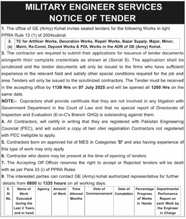 Military Engineering Services Kohat Tender Notice